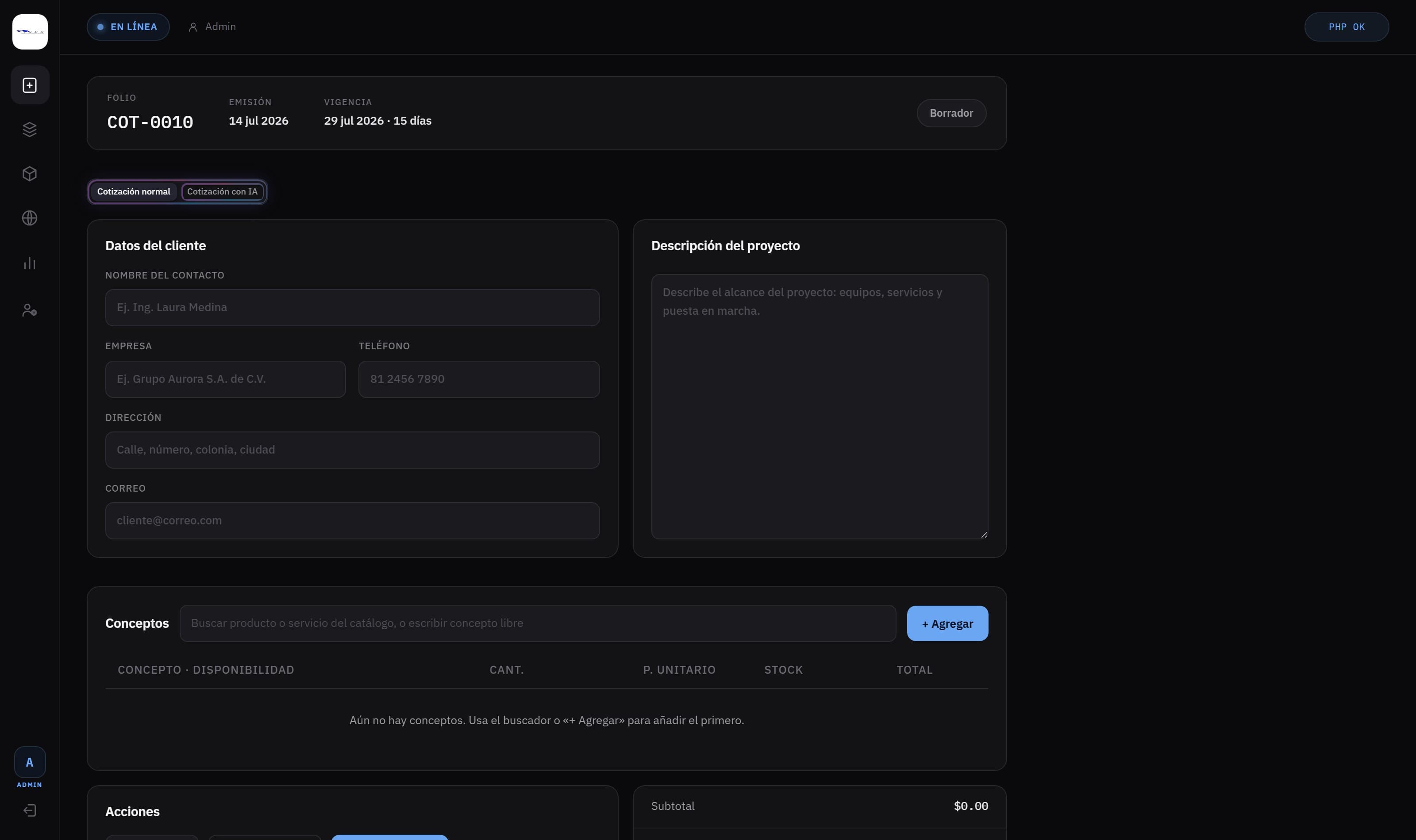 Pantalla de nueva cotización del sistema de ISES, con datos del cliente y conceptos