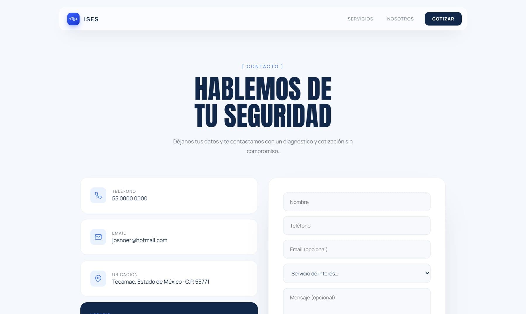 Página de contacto de ISES con formulario de diagnóstico y cotización